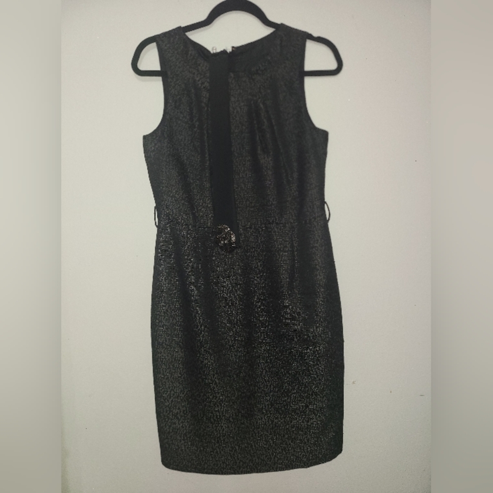 Evan Picone midi black and metalic silver dress with belt and ruffle neckline